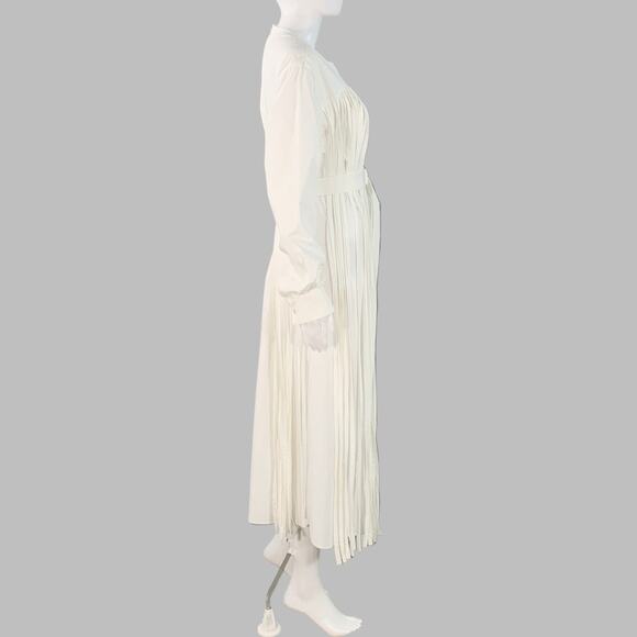 MANTU Size M White Cotton Fringe Belted Midi Dress - Picture 3 of 9